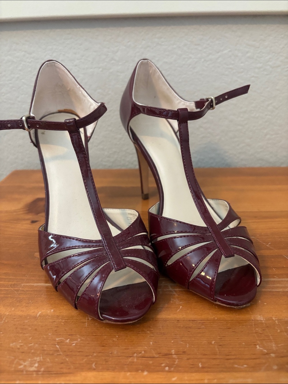 Zara Burgundy Patent Leather T-Strap Peep-Toe Heels